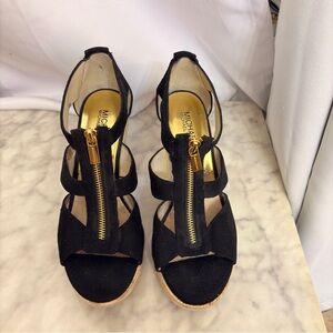 Michael Kors Black Wedge Sandals with Gold Accents